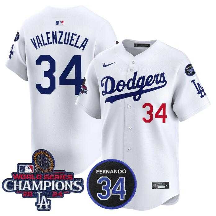 Mens Los Angeles Dodgers Active Player Cuatom White 2024 World Series Champions With Fernando Memorial Patch Home Limited Stitched Baseball Jersey